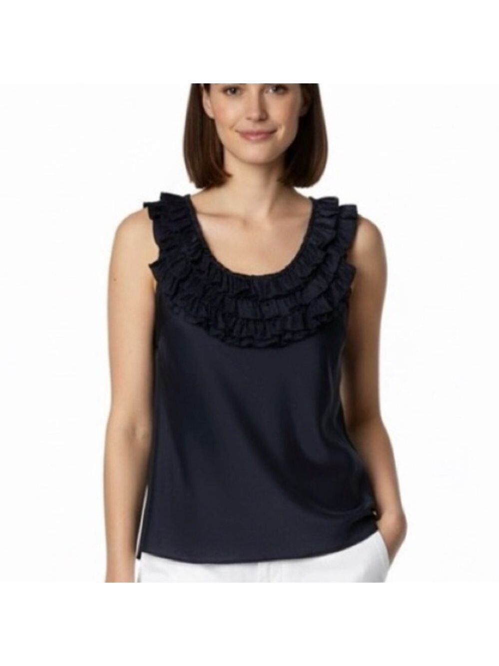 𝅺BANANA REPUBLIC 100% Silk Navy Blue Ruffle Bib Tank Top Fully Lined US Sz S